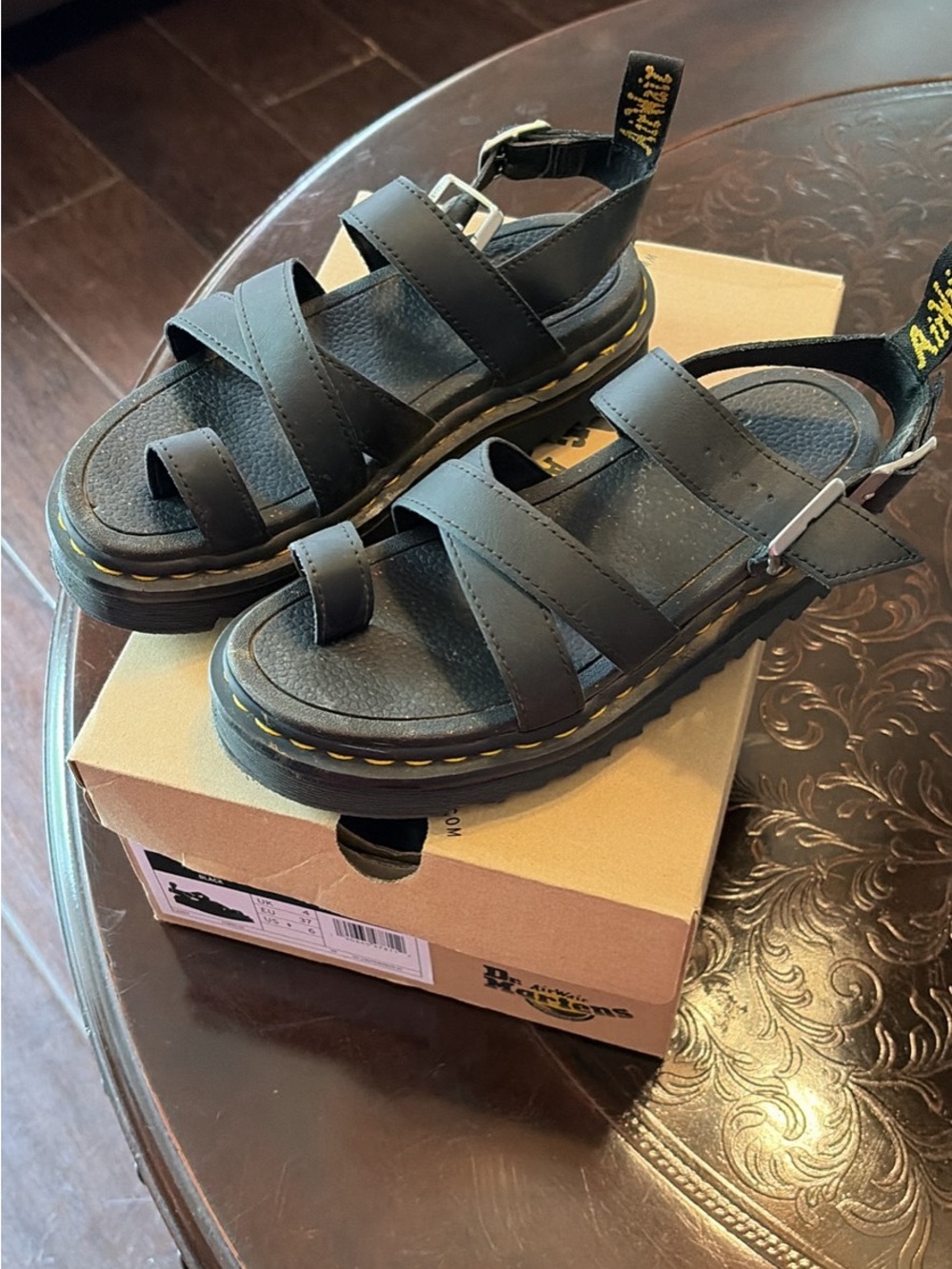 Dr. Martens Kids Black Strappy Leather Sandals with Yellow Stitching